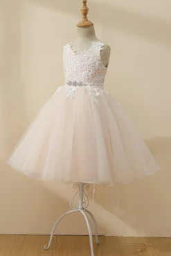 Vestido de menina de flor de tule de champanhe de champanhe
