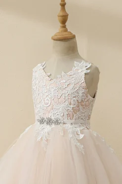 Vestido de menina de flor de tule de champanhe de champanhe