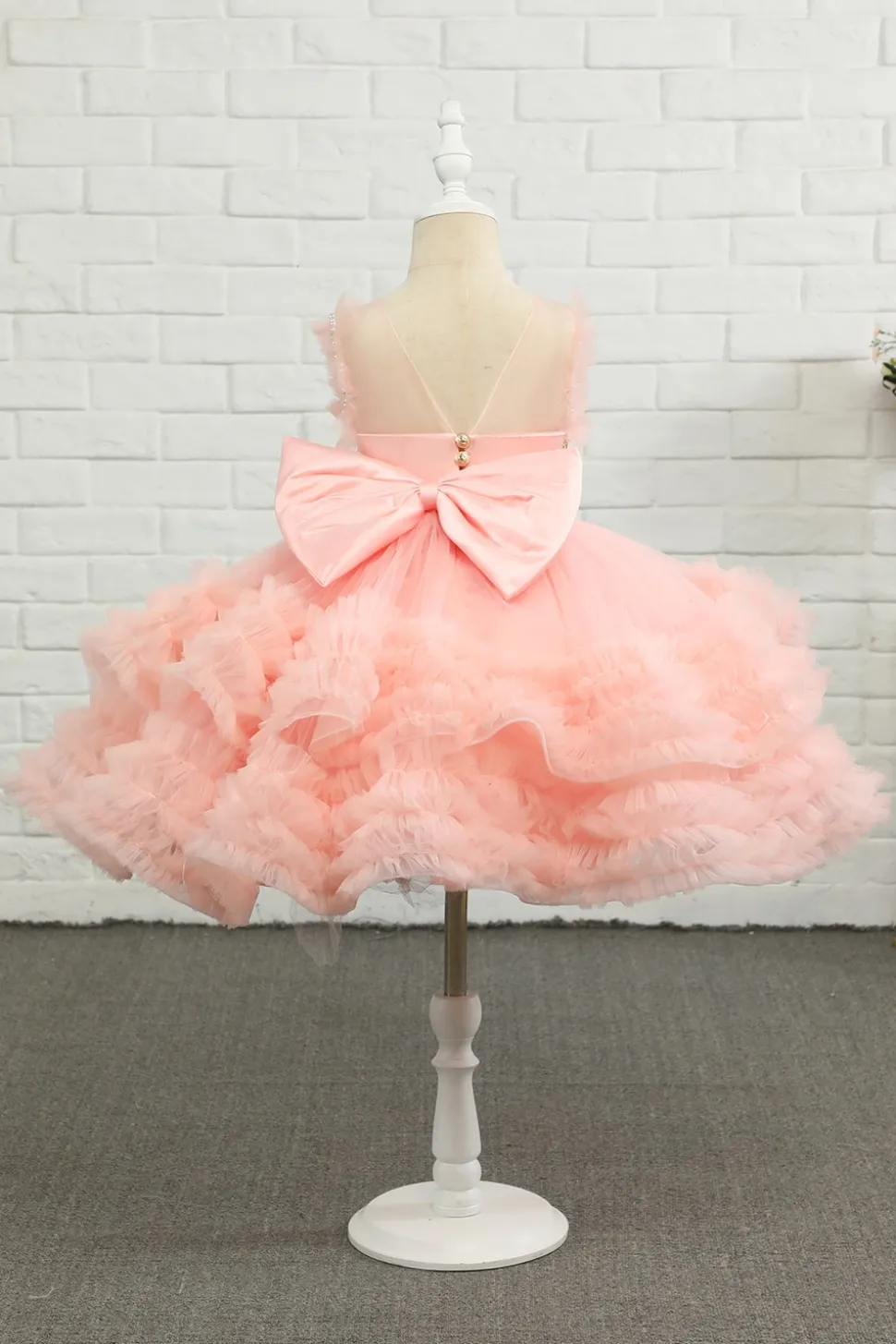 Vestido de menina de flor de tulle de missanga rosa com arco