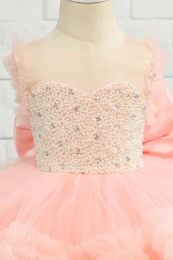 Vestido de menina de flor de tulle de missanga rosa com arco