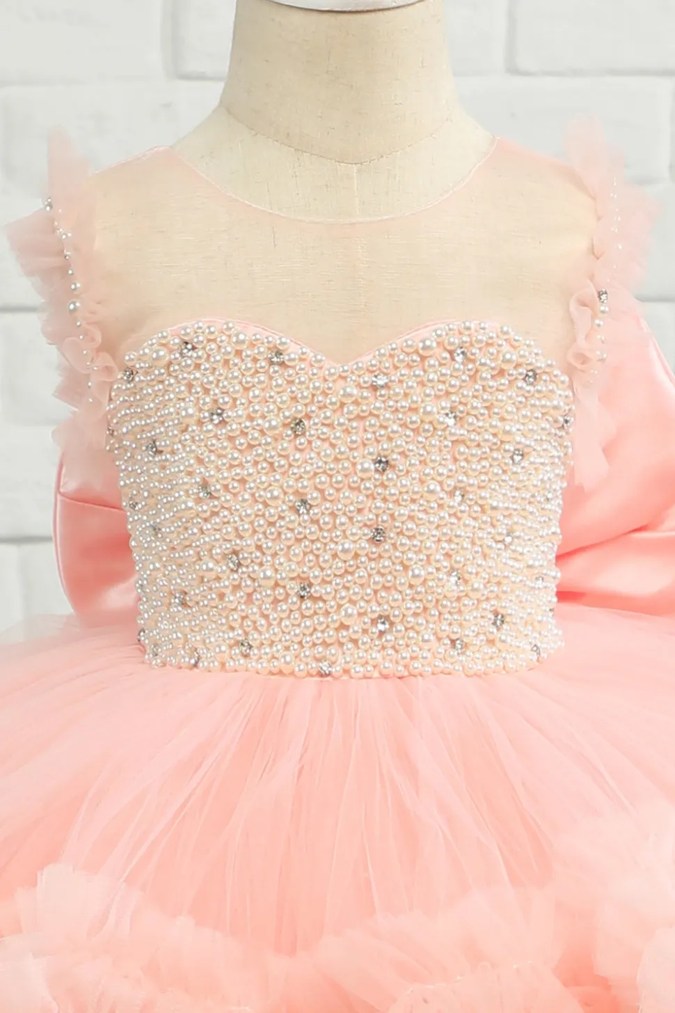 Vestido de menina de flor de tulle de missanga rosa com arco
