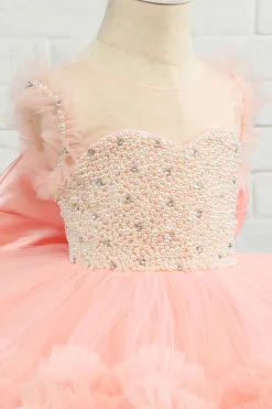 Vestido de menina de flor de tulle de missanga rosa com arco