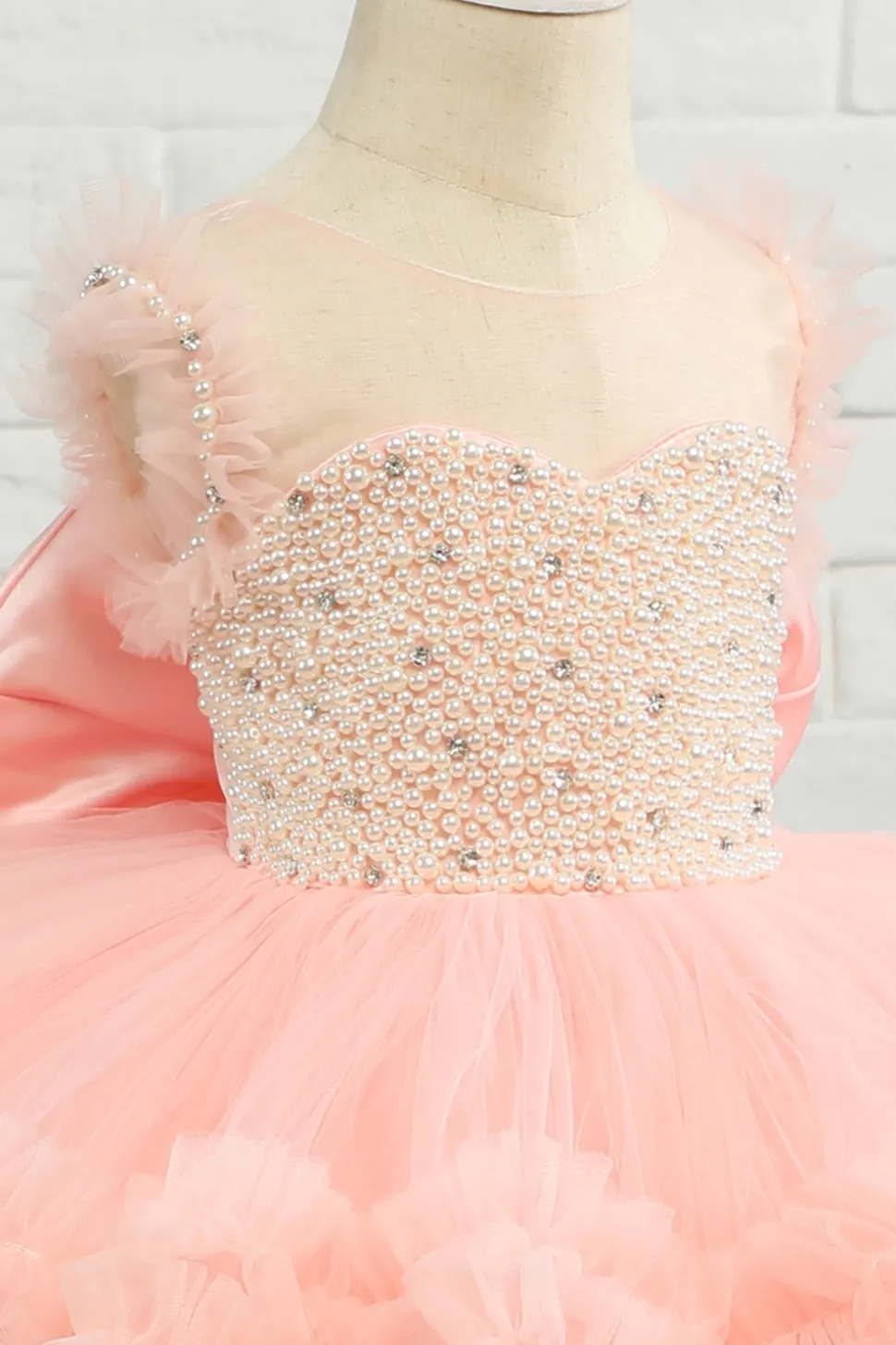 Vestido de menina de flor de tulle de missanga rosa com arco