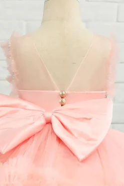 Vestido de menina de flor de tulle de missanga rosa com arco
