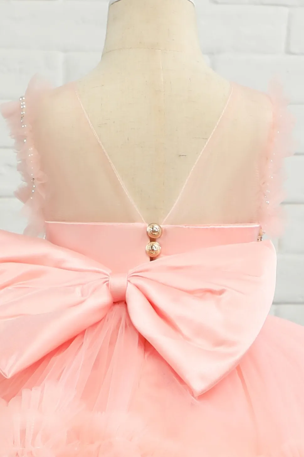 Vestido de menina de flor de tulle de missanga rosa com arco