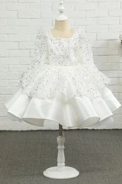 Vestido de menina flor de lantejoulas de marfim com arco