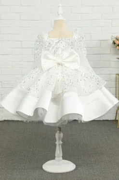 Vestido de menina flor de lantejoulas de marfim com arco