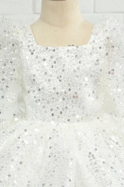 Vestido de menina flor de lantejoulas de marfim com arco