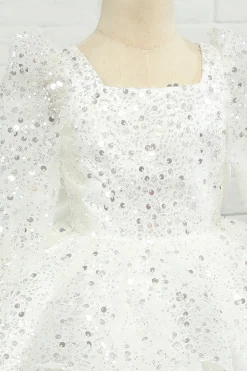 Vestido de menina flor de lantejoulas de marfim com arco