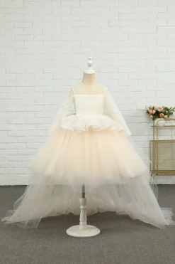 Vestido de menina flor de damasco alto-baixo com arco