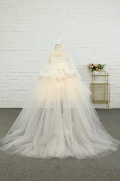 Vestido de menina flor de damasco alto-baixo com arco
