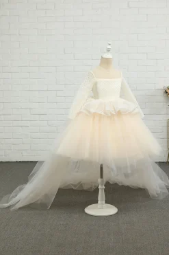 Vestido de menina flor de damasco alto-baixo com arco