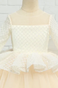 Vestido de menina flor de damasco alto-baixo com arco
