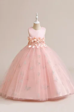 Vestido de menina sem mangas de tule rosa com apliques