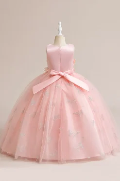 Vestido de menina sem mangas de tule rosa com apliques