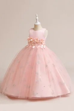 Vestido de menina sem mangas de tule rosa com apliques