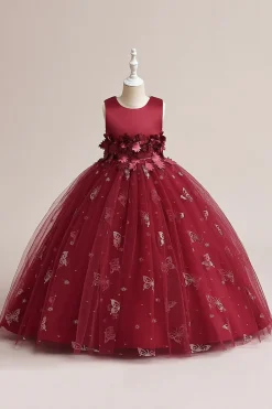 Vestido de menina sem mangas de tule rosa com apliques