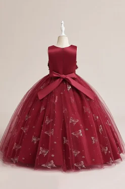 Vestido de menina sem mangas de tule rosa com apliques