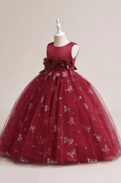 Vestido de menina sem mangas de tule rosa com apliques