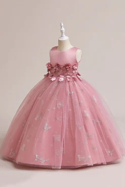 Vestido de menina sem mangas de tule rosa com apliques