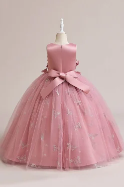 Vestido de menina sem mangas de tule rosa com apliques