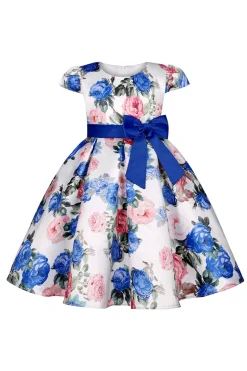 Vestido de Meninas Com Laço Floral Azul
