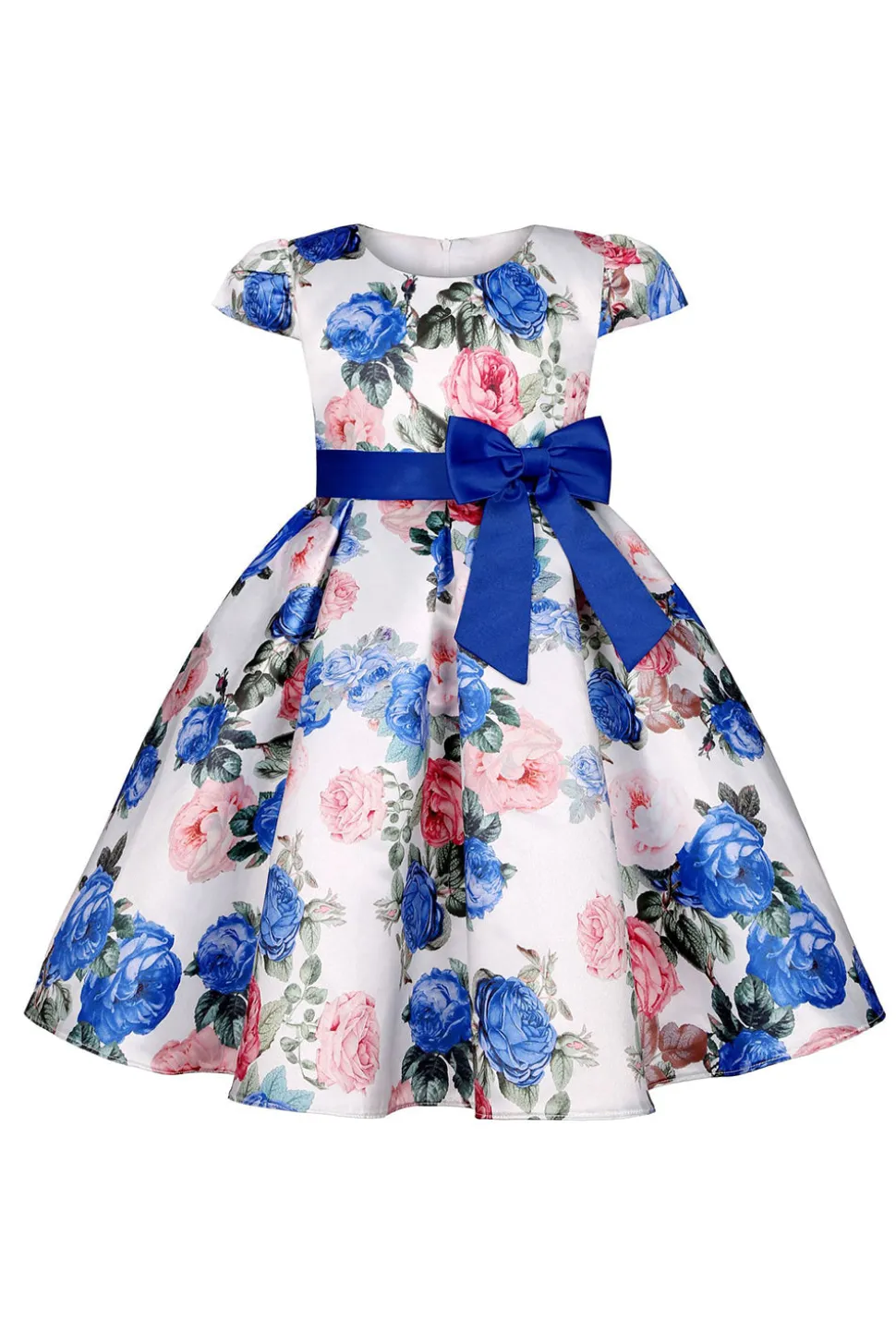Vestido de Meninas Com Laço Floral Azul