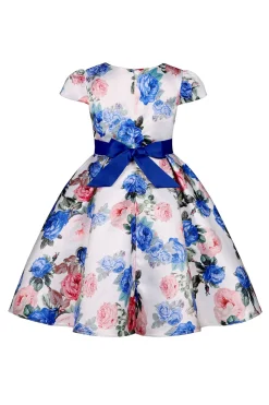 Vestido de Meninas Com Laço Floral Azul