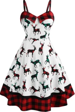 Vestido de Natal de impressão de xadrez branco