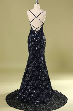 Vestido de noite azul marinho com lantejoulas