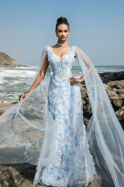 Vestido de noite azul V-neck bainha com mangas de cabo