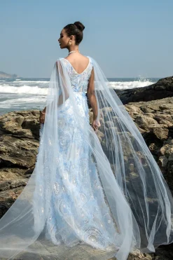 Vestido de noite azul V-neck bainha com mangas de cabo