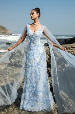 Vestido de noite azul V-neck bainha com mangas de cabo