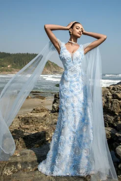 Vestido de noite azul V-neck bainha com mangas de cabo