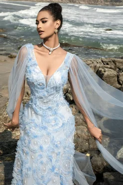 Vestido de noite azul V-neck bainha com mangas de cabo