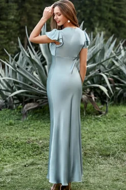 Vestido de Noite Cetim Azul Cinza