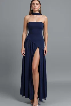 Vestido de noite da bainha sem alças azul escuro com fenda