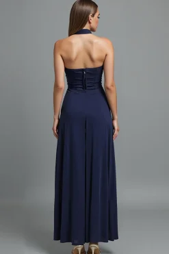 Vestido de noite da bainha sem alças azul escuro com fenda