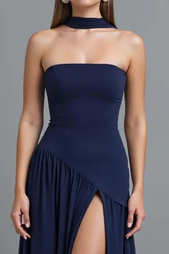 Vestido de noite da bainha sem alças azul escuro com fenda
