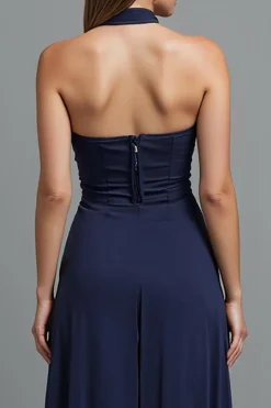 Vestido de noite da bainha sem alças azul escuro com fenda