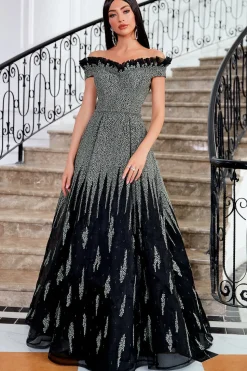 Vestido de noite de lantejoulas pretas brilhantes