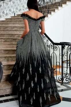 Vestido de noite de lantejoulas pretas brilhantes