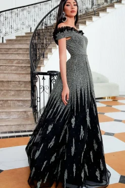 Vestido de noite de lantejoulas pretas brilhantes