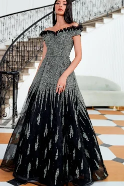 Vestido de noite de lantejoulas pretas brilhantes