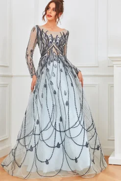 Vestido de noite de mangas compridas azuis e azuis claras