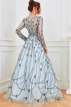 Vestido de noite de mangas compridas azuis e azuis claras