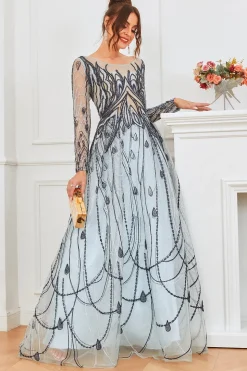 Vestido de noite de mangas compridas azuis e azuis claras
