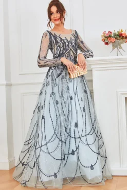 Vestido de noite de mangas compridas azuis e azuis claras