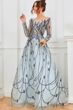 Vestido de noite de mangas compridas azuis e azuis claras