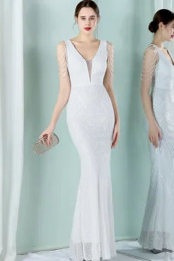 Vestido de noite de sereia de pescoço profundo v branco